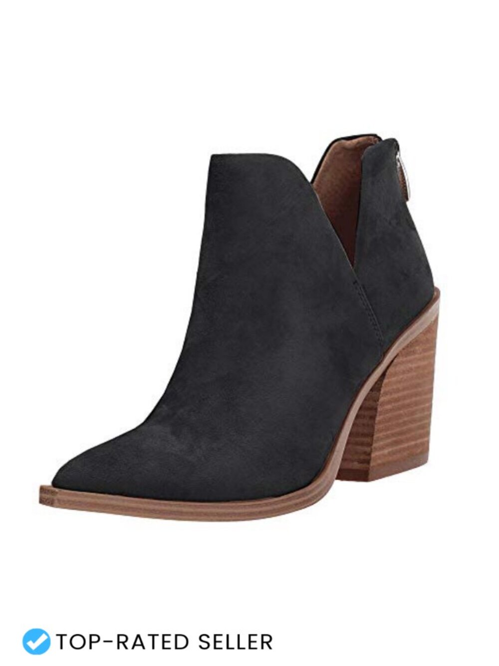 Faux Leather Pointed Toe Stacked Mid Heel Ankle Boots V Cut Back Zipper Booties